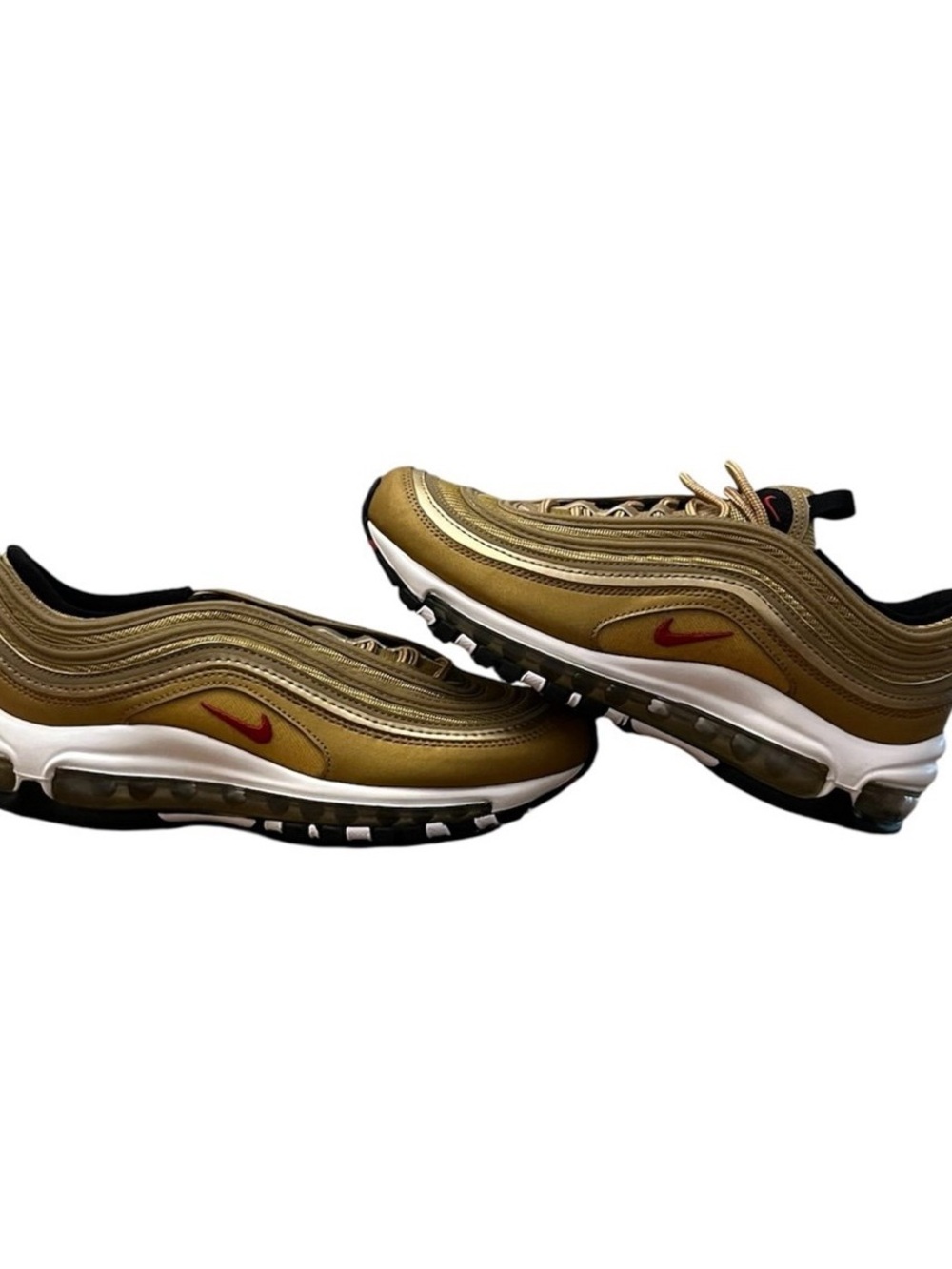 Nike Men’s Air Max 97 in Metallic Gold with Red Swoosh